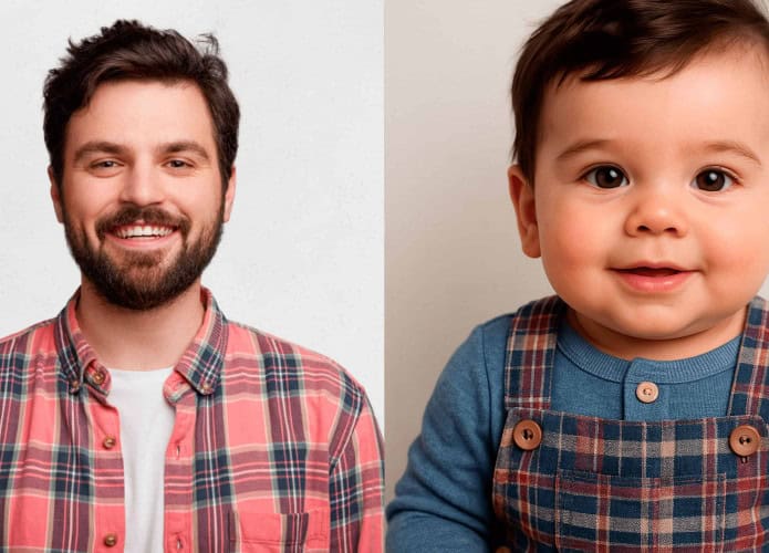 Homem adulto e bebê reborn criado por meio da foto dele - 1ª imagem: Wayhomestudio/Freepik 2ª imagem: Reprodução - Dall-E/ChatGPT