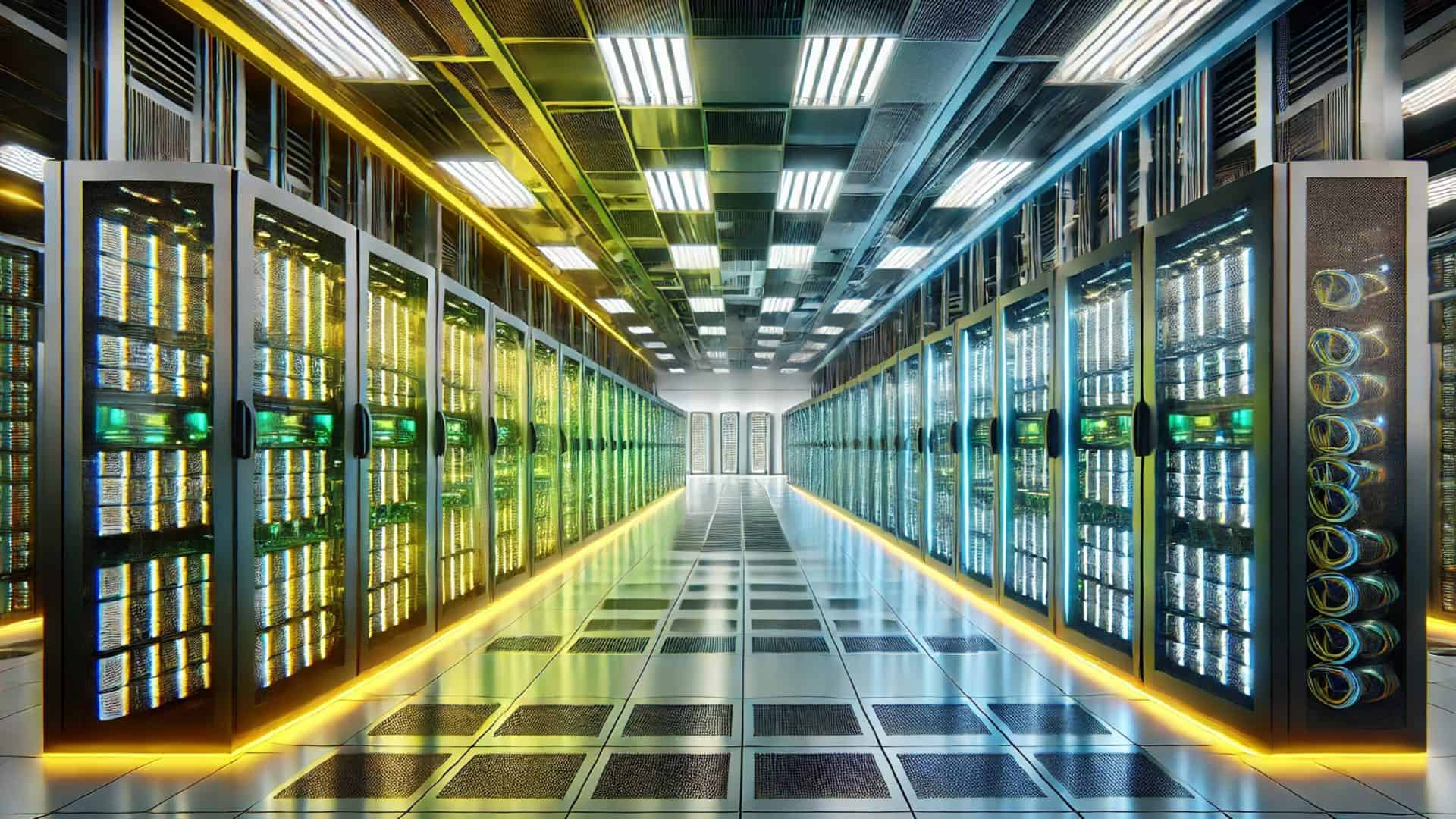 Imagem mostra um data center com as cores da bandeira do Brasil