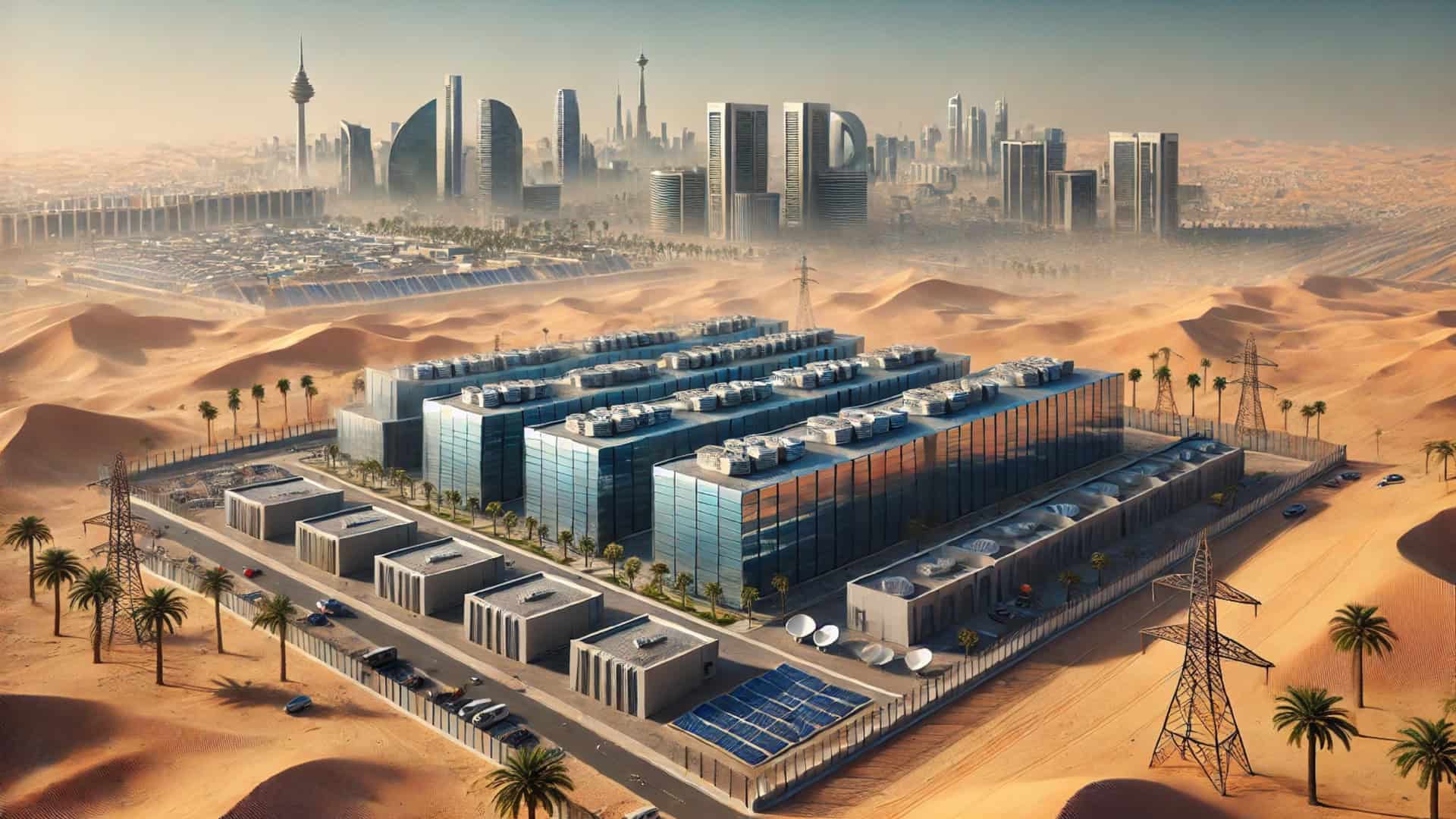 imagem gerada por inteligência artificial, mostra um complexo de data centers no meio do deserto