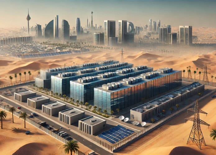 imagem gerada por inteligência artificial, mostra um complexo de data centers no meio do deserto
