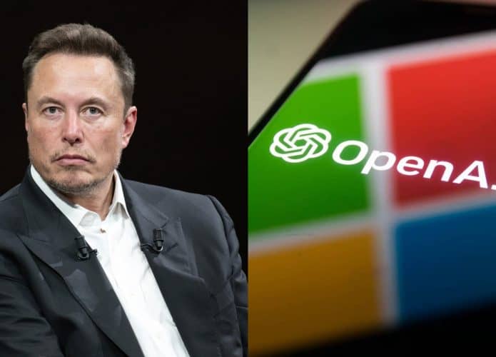 Imagem mostra Elon Musk ao lado de um celular com o símbolo da OpenAI e da Microsoft