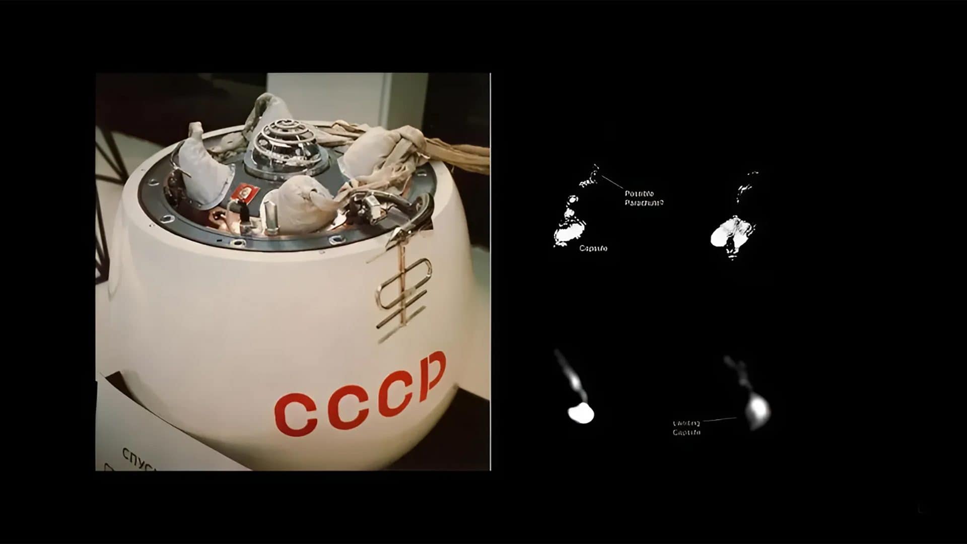 Reprodução da sonda Venera-7, à esquerda; à direita, imagens telescópicas do que pode ser o paraquedas da Kosmos-482