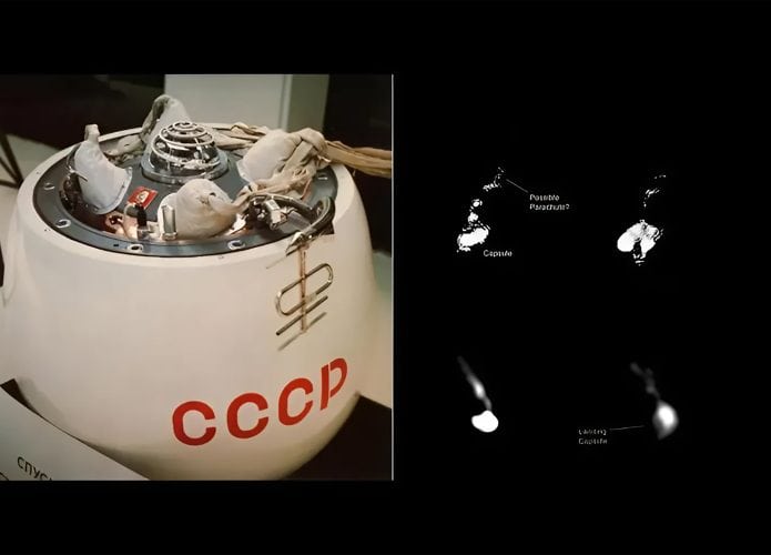 Reprodução da sonda Venera-7, à esquerda; à direita, imagens telescópicas do que pode ser o paraquedas da Kosmos-482