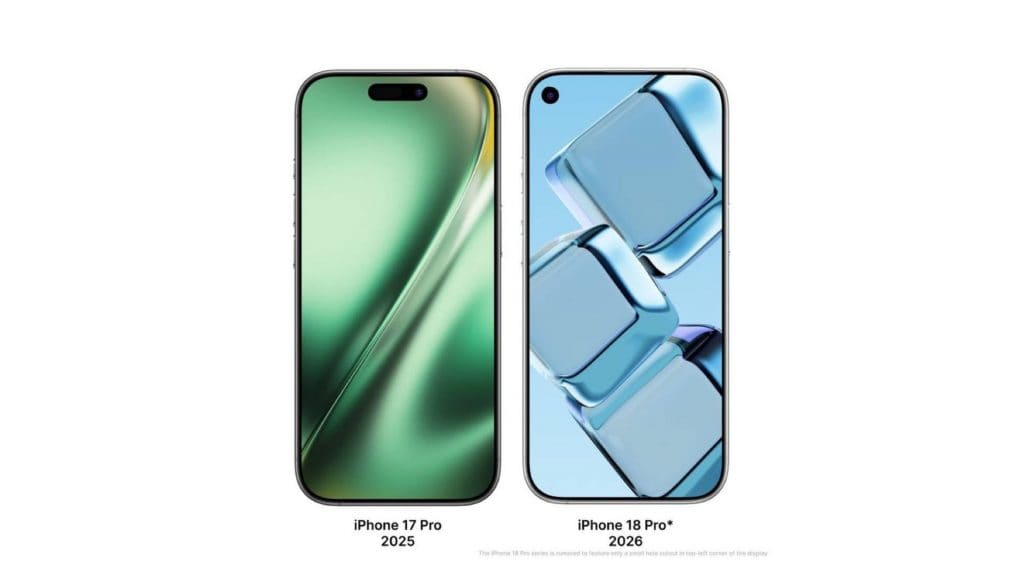 Montagem com modelos iPhone 17 Pro e iPhone 18 Pro lado a lado