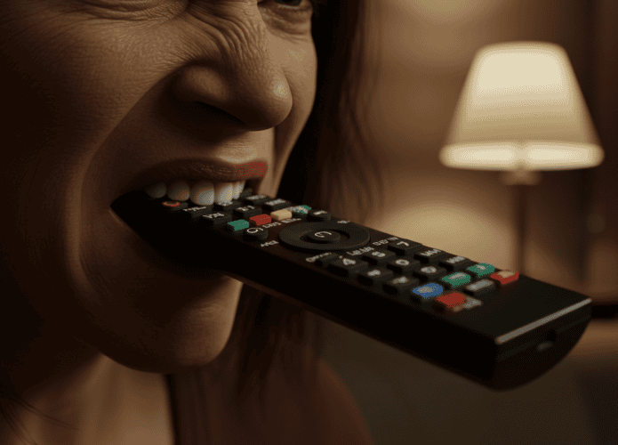 pessoa mordendo um controle de televisão