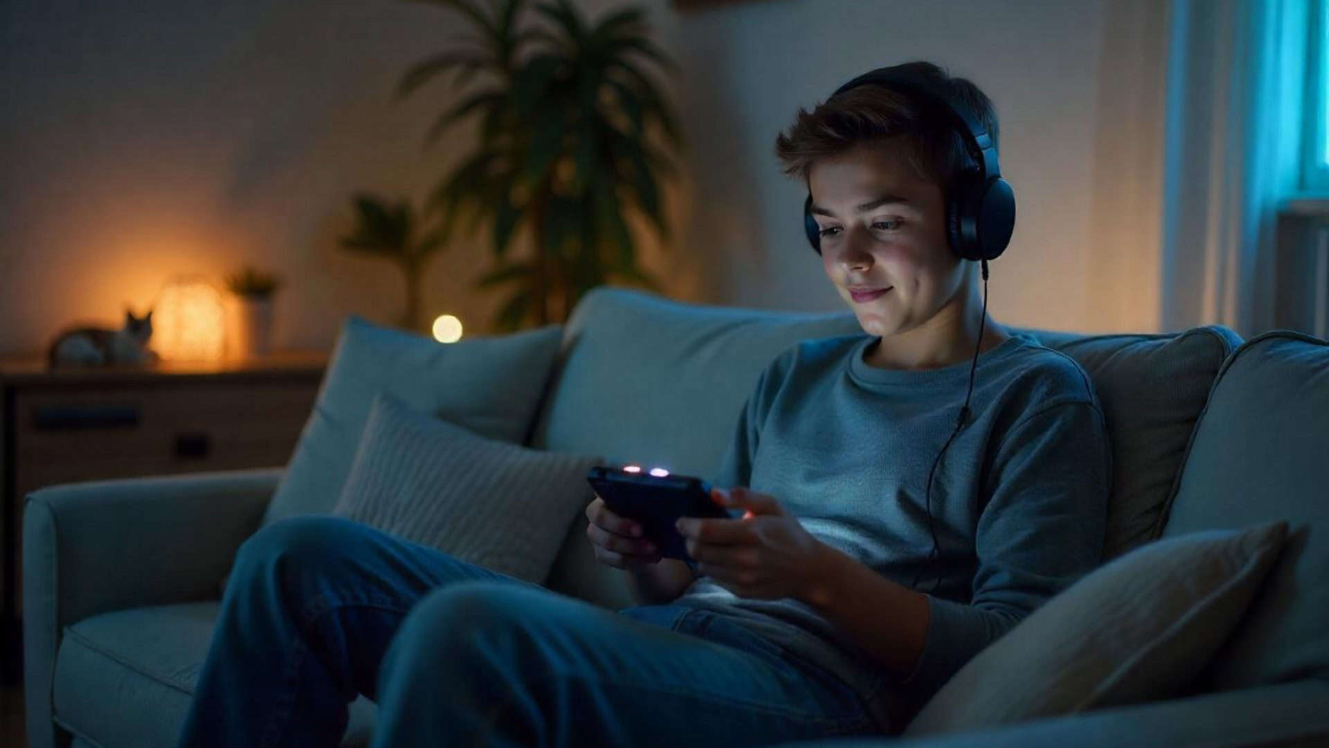 Jovem joga em console portátil no sofá de casa