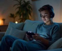 Jovem joga em console portátil no sofá de casa