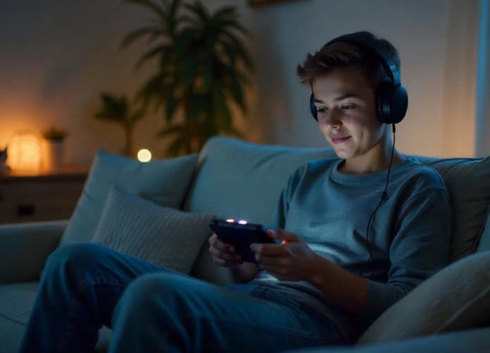 Jovem joga em console portátil no sofá de casa
