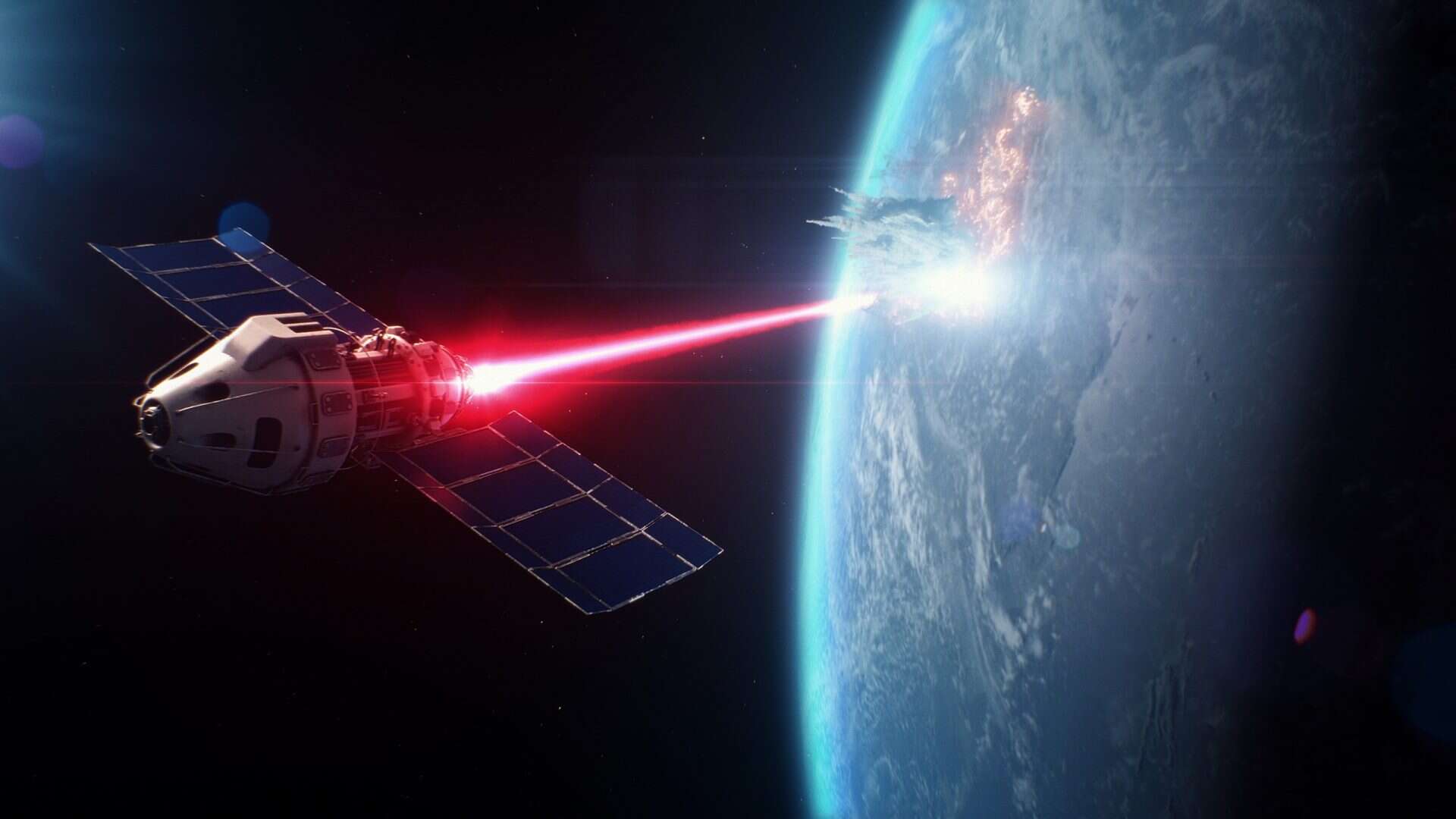 Simulação de um laser indo da Terra de encontro a um satélite