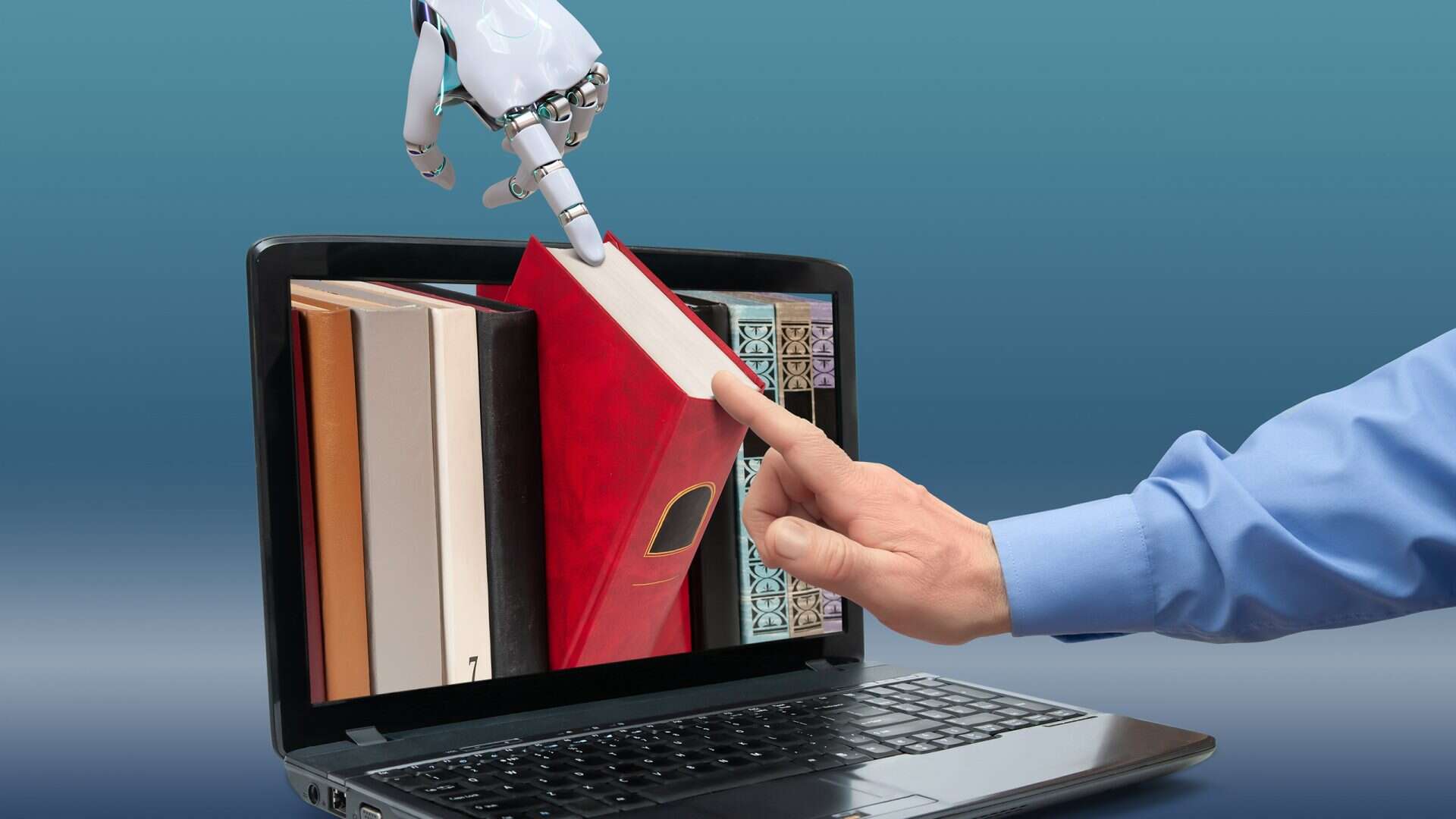 Um livro sendo projetado para fora de um notebook, com um robô tocando em uma ponta dele e uma pessoa tocando em outra