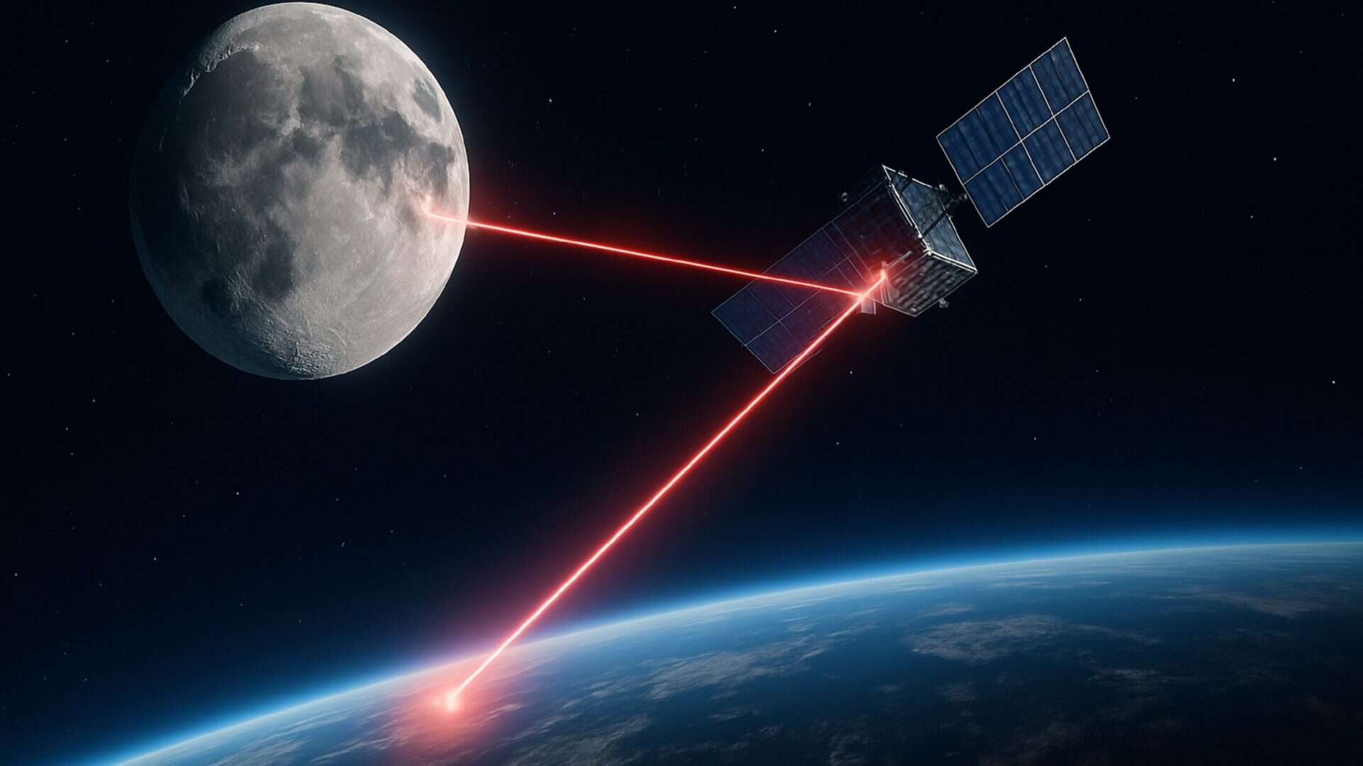 Imagem gerada por inteligência artificial, mostra a Terra enviando um raio laser vermelho até um satélite no espaço. Então, o satélite reflete esse raio na Lua.