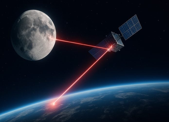 Imagem gerada por inteligência artificial, mostra a Terra enviando um raio laser vermelho até um satélite no espaço. Então, o satélite reflete esse raio na Lua.