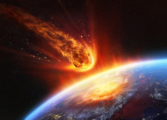 Renderização em 3D de um meteoro prestes a atingir a Terra