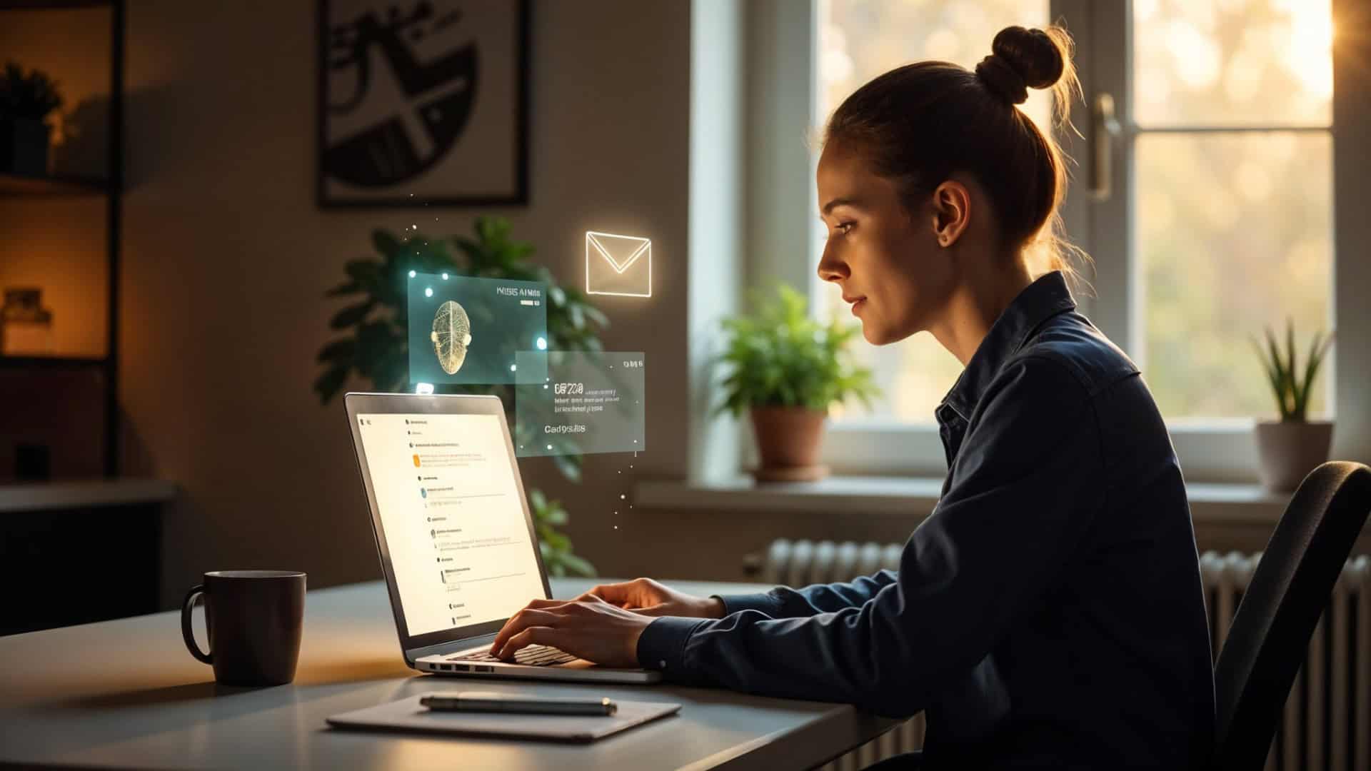 Mulher organiza e-mail no notebook com ajuda da IA