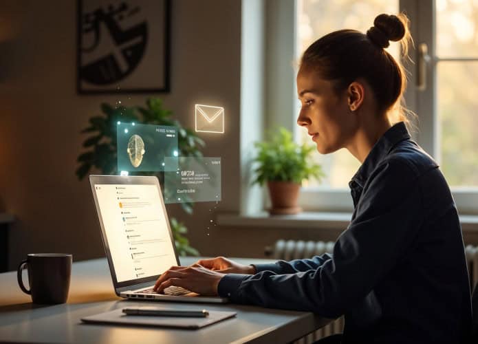 Mulher organiza e-mail no notebook com ajuda da IA