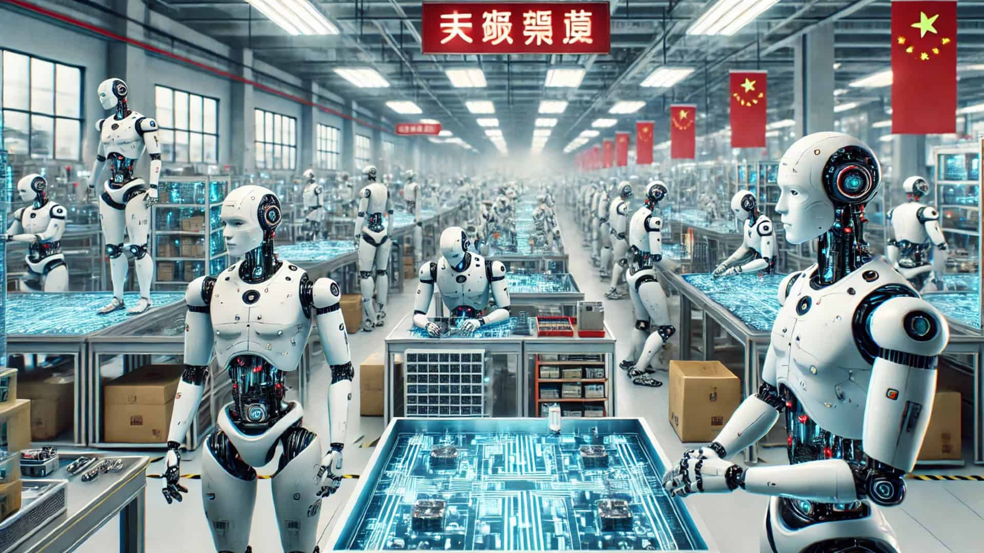 Imagem gerada com IA, mostra robôs humanoides trabalhando em uma fábrica na China