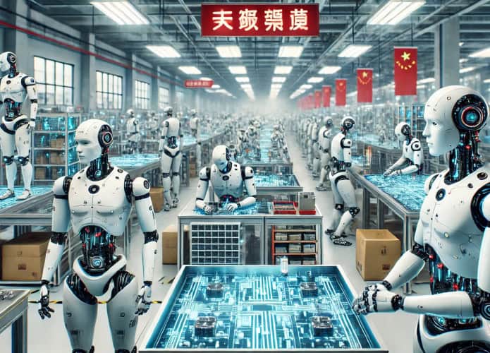 Imagem gerada com IA, mostra robôs humanoides trabalhando em uma fábrica na China