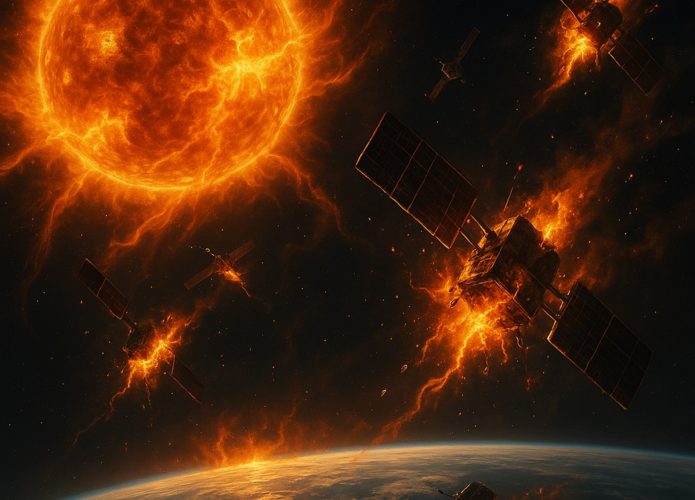 Ilustração gerada por inteligência artificial mostra o Sol queimando satélites na órbita da Terra
