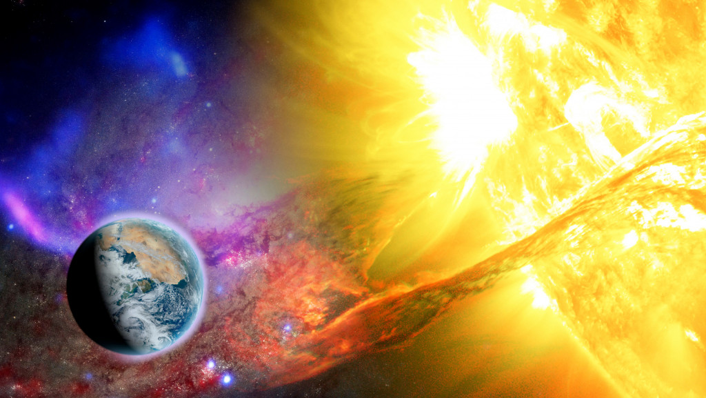 Ilustração da Terra ao lado do Sol no espaço