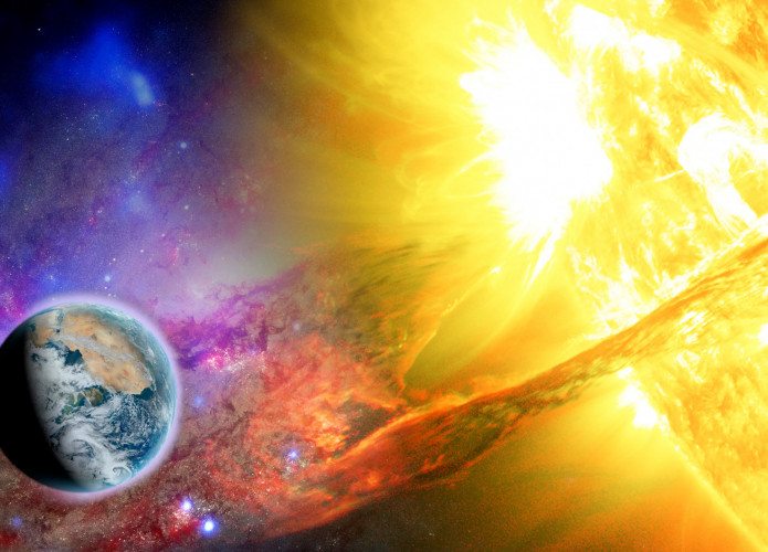 Ilustração da Terra ao lado do Sol no espaço
