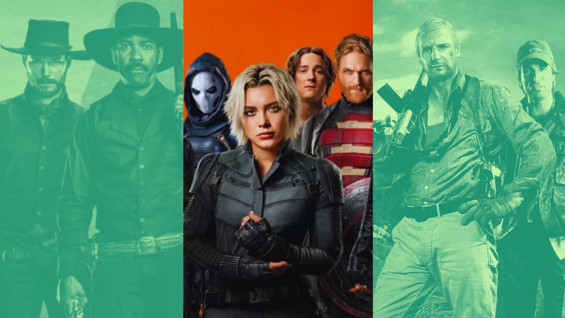 imagem mostra uma montagem com as capas dos filmes thunderbolts, The Magnificent Seven e The A-Team
