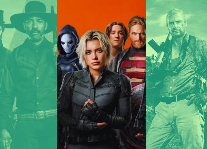 imagem mostra uma montagem com as capas dos filmes thunderbolts, The Magnificent Seven e The A-Team