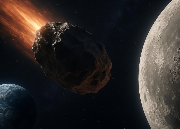 Uma visualização dramática do asteroide 2024 YR4 atravessando o espaço em direção à Lua, com a Terra visível ao fundo.