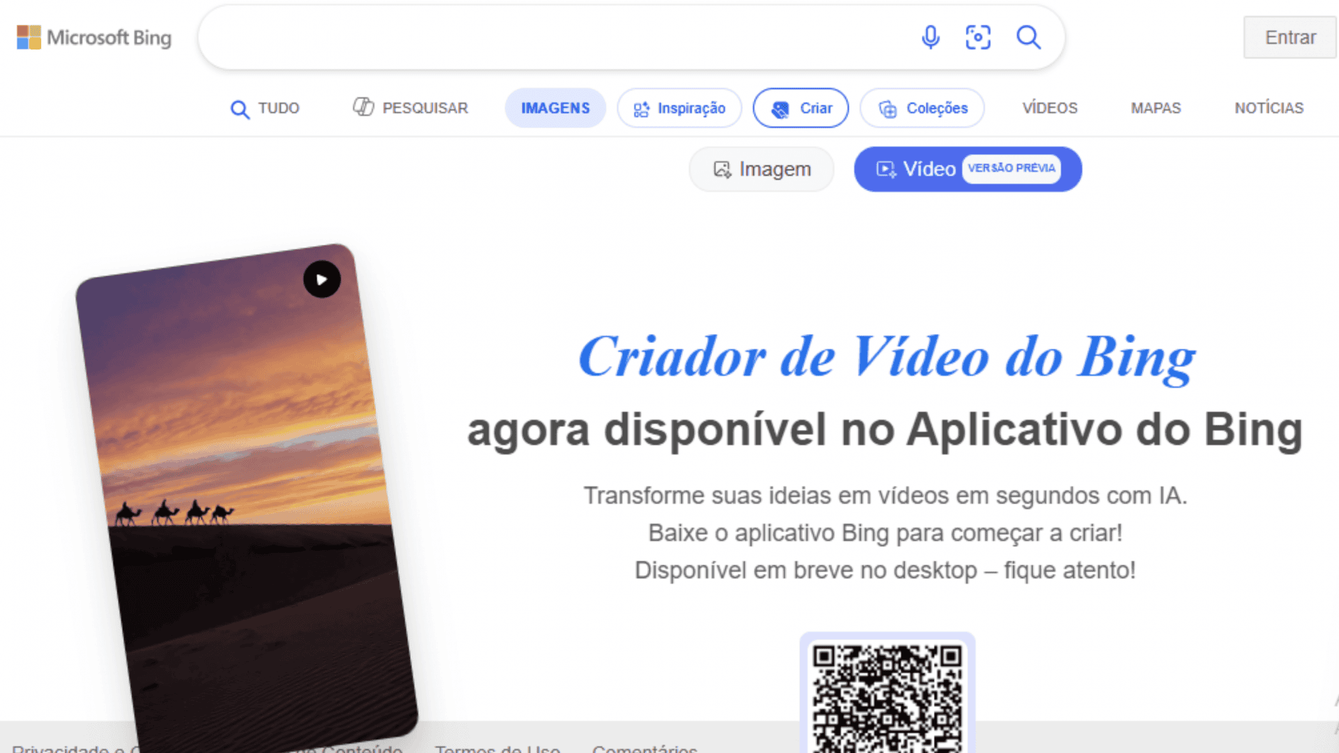 Site oficial do Bing Video Creator