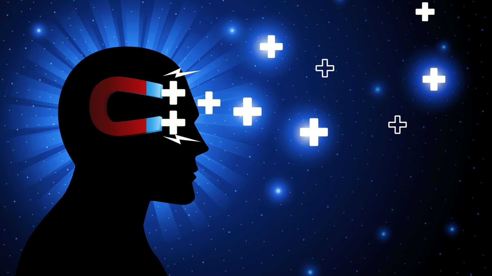 Mente humana manifestando pensamento positivo, lei da atração, vibração positiva