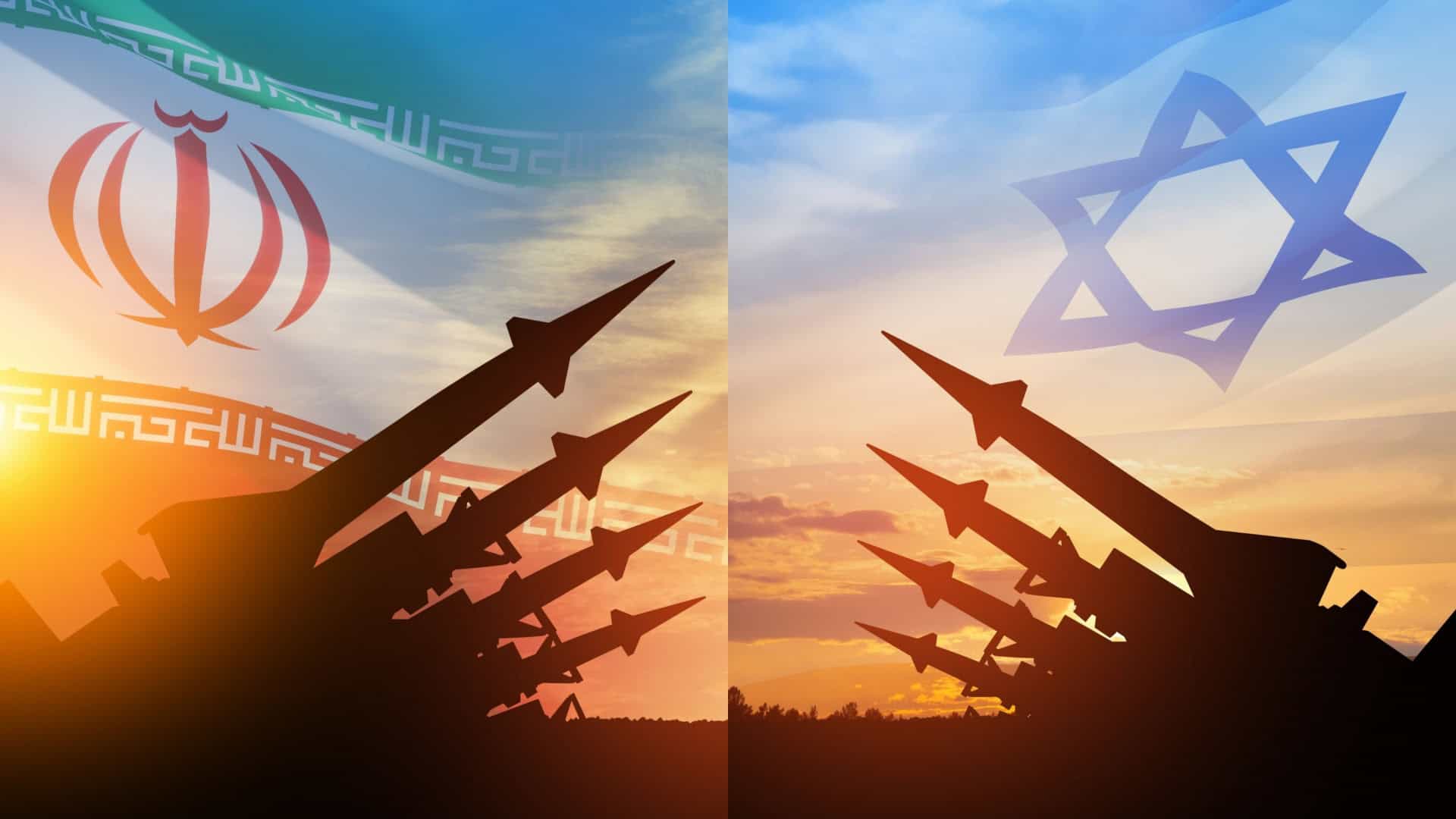 Montagem com fotos de mísseis apontados enquanto imagens das bandeiras do Irã e de Israel aparecem no fundo