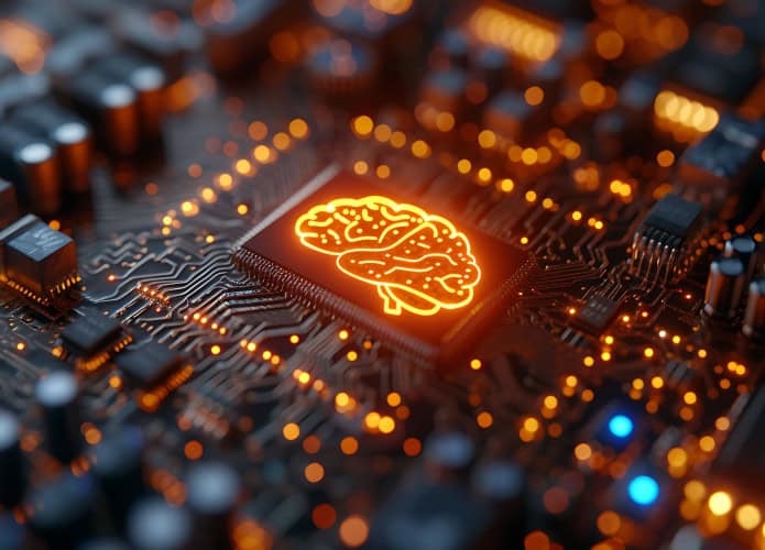 Ilustração digital de cérebro em placa de sistema para ilustrar conceito de inteligência artificial