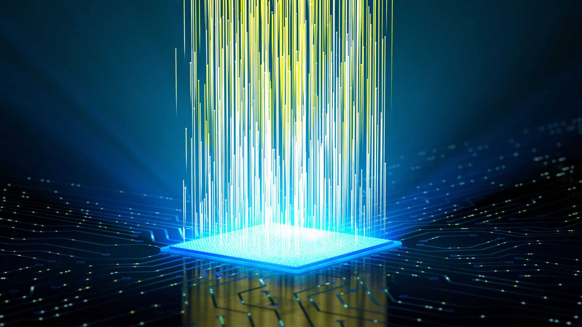 Ilustração de chip emitindo raios de luz para cima em sistema de computador quântico