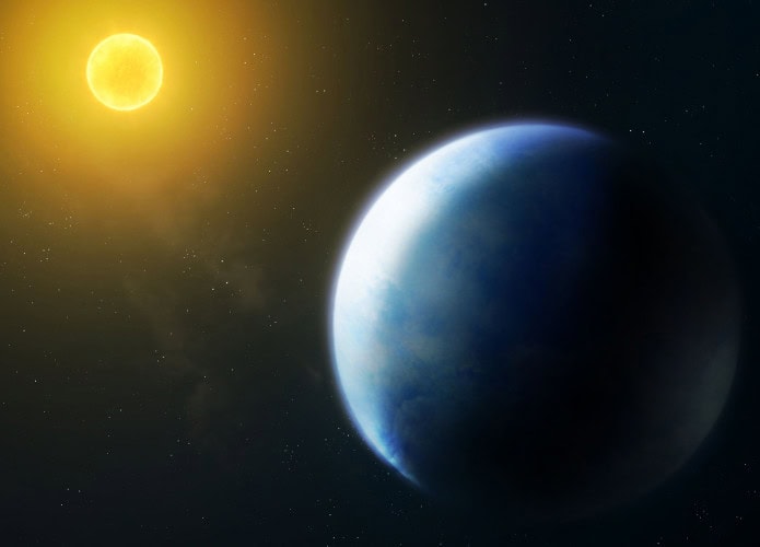 Ilustração de exoplaneta parecido com a Terra perto de estrela parecida com o Sol