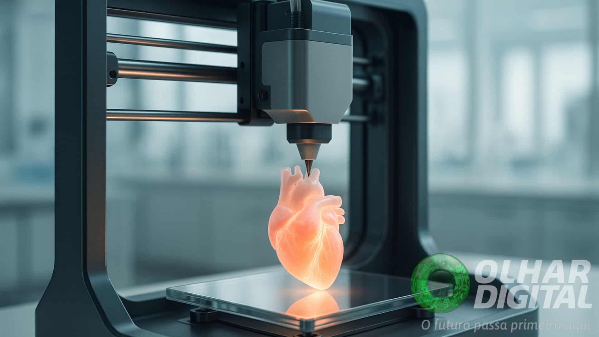 Close-up de uma impressora 3D futurista bioimprimindo um órgão humano luminoso em um laboratório moderno e esterilizado
