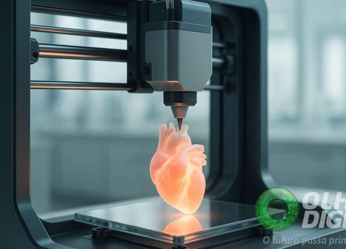 Close-up de uma impressora 3D futurista bioimprimindo um órgão humano luminoso em um laboratório moderno e esterilizado