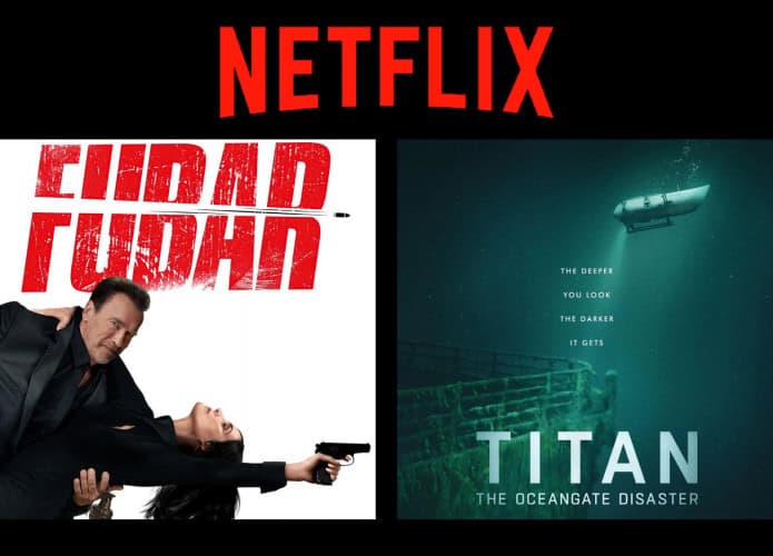 Montagem com pôsteres da série Fubar e do documentário Titan, dois entre os lançamentos da semana na Netflix entre 9 e 15 de junho