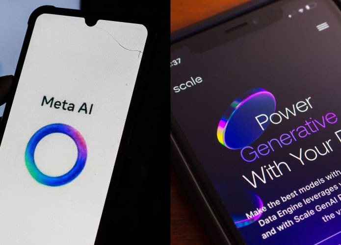 Montagem com fotos mostrando logotipo da Meta AI e página inicial do site da Scale AI