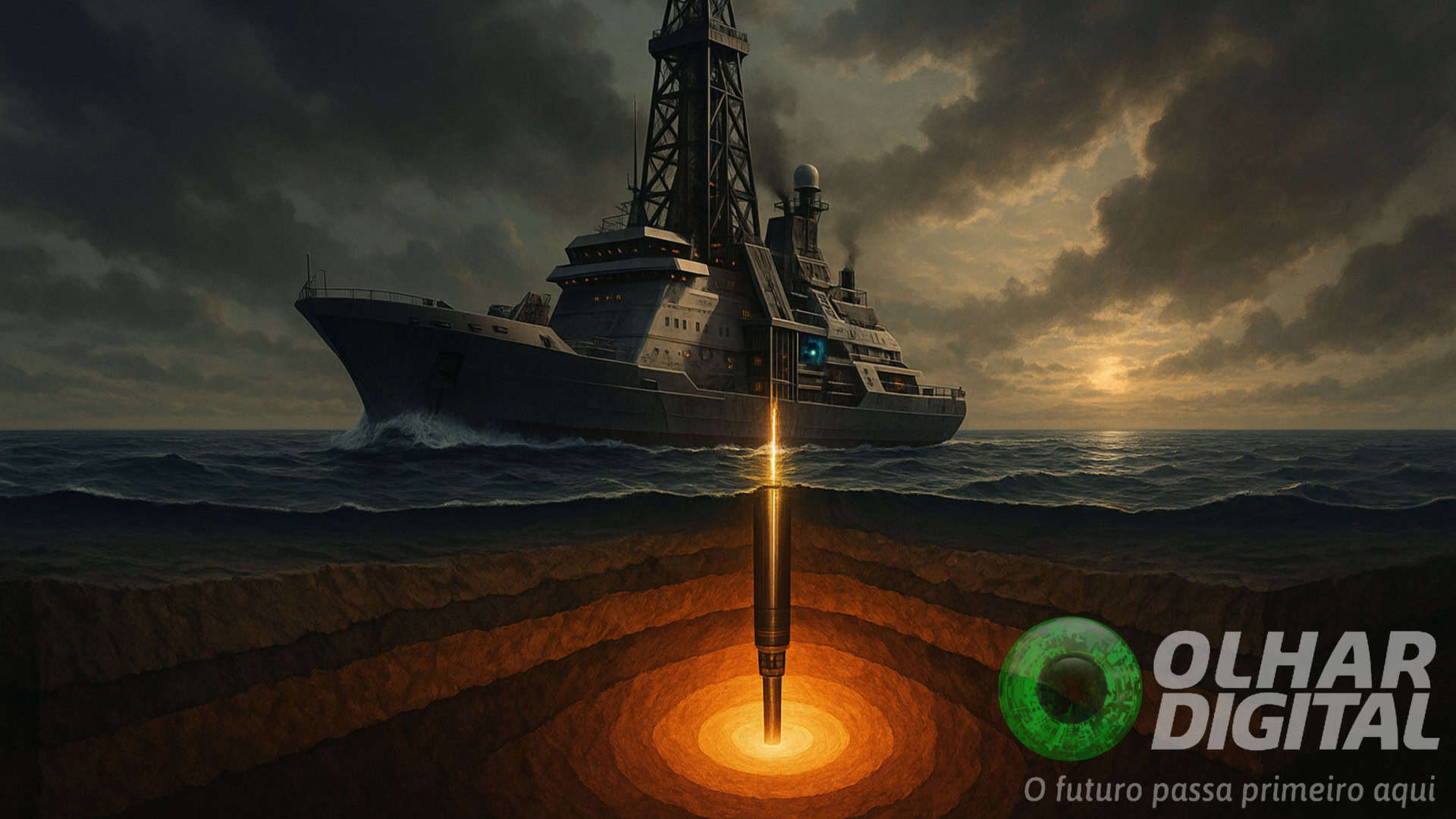 Ilustração de navio futurista em mar aberto, iniciando uma perfuração em direção ao centro da Terra, com camadas geológicas visíveis abaixo da água, ilustrando a crosta e o manto terrestre