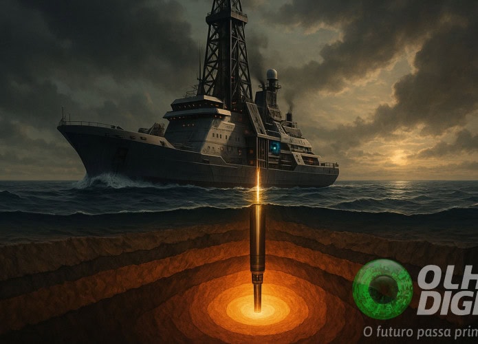 Ilustração de navio futurista em mar aberto, iniciando uma perfuração em direção ao centro da Terra, com camadas geológicas visíveis abaixo da água, ilustrando a crosta e o manto terrestre