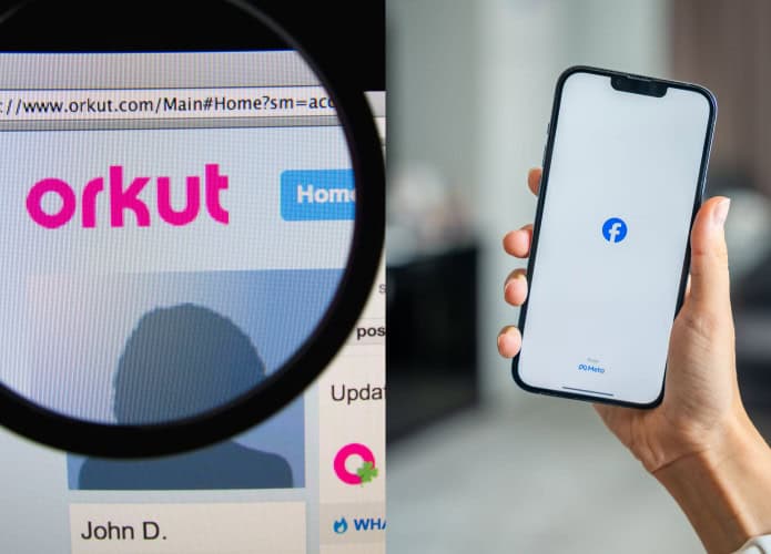Montagem com fotos mostrando logotipos do Orkut e do Facebook