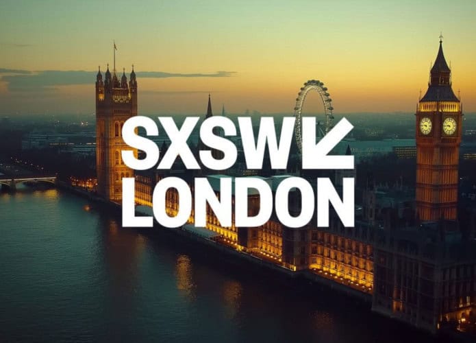 Paisagem de Londres com letreiro dizendo SXSW London em cima