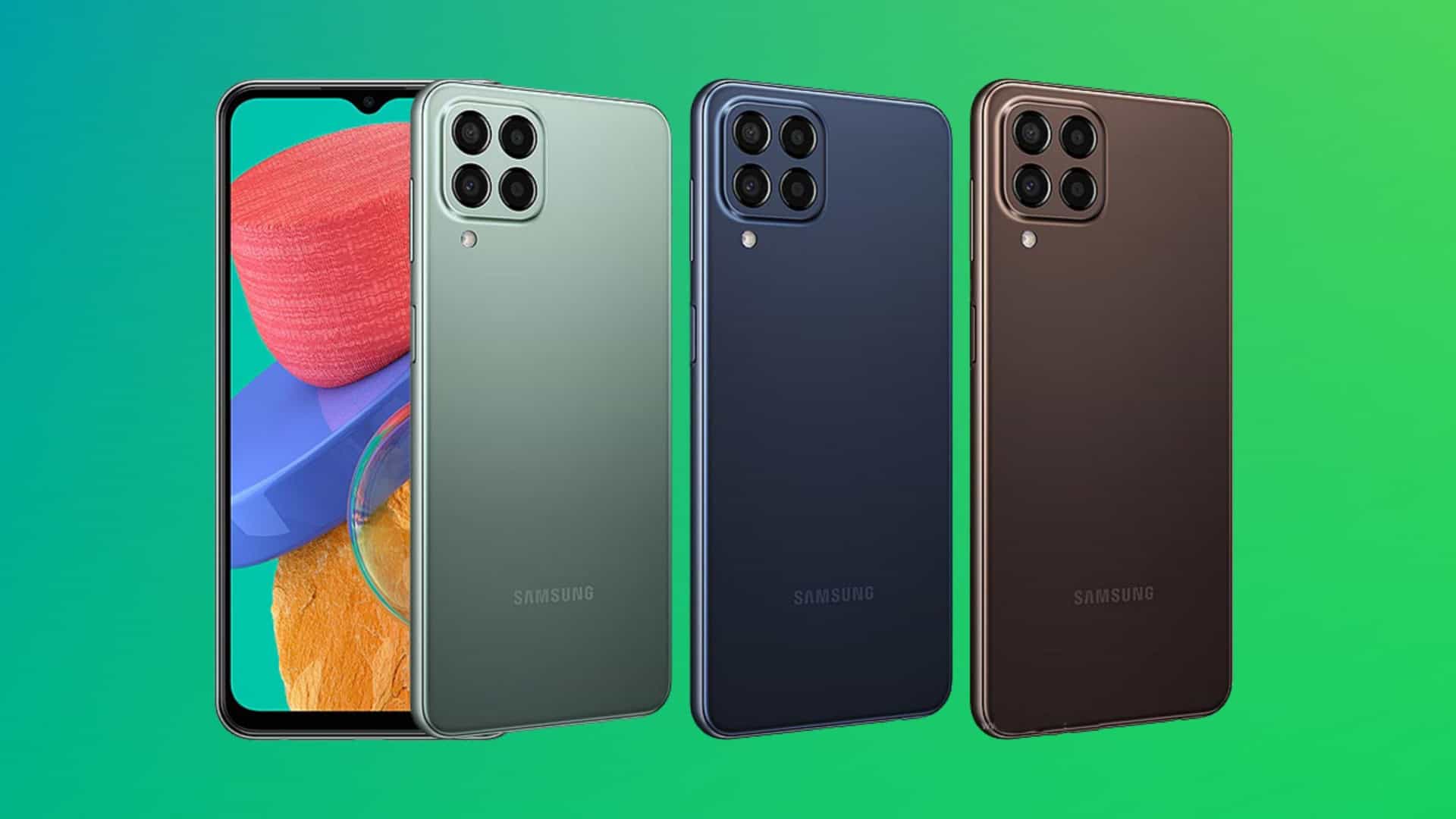 Montagem com modelos verde, preto e marrom do Galaxy M33, da Samsung