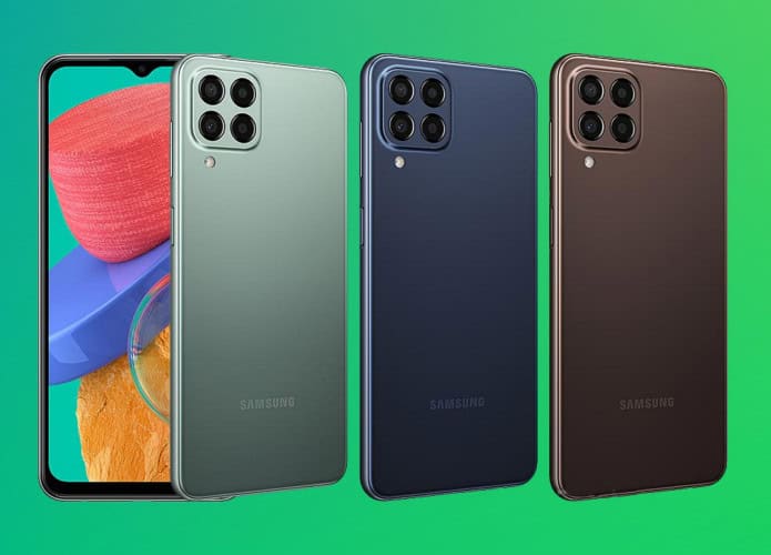 Montagem com modelos verde, preto e marrom do Galaxy M33, da Samsung