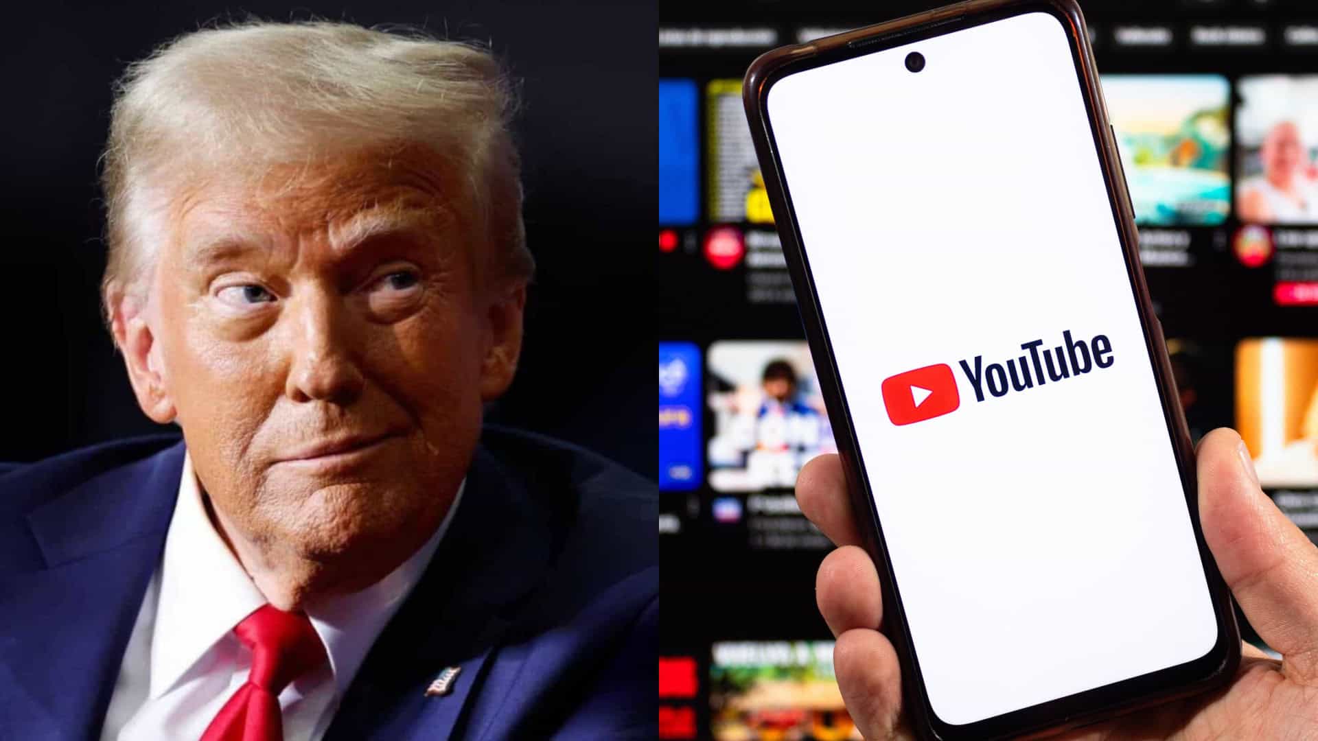 Montagem com fotos de Donald Trump sorrindo e de pessoa segurando celular com logotipo do YouTube na tela