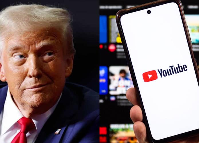 Montagem com fotos de Donald Trump sorrindo e de pessoa segurando celular com logotipo do YouTube na tela