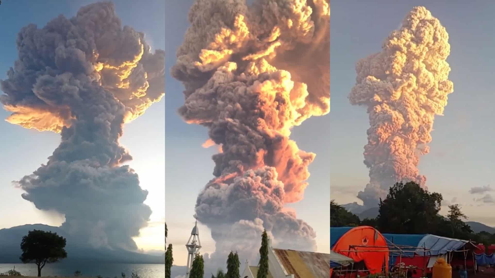 Montagem com capturas de tela de vídeos mostrando fumaça colorida expelida por erupção de vulcão na Indonésia