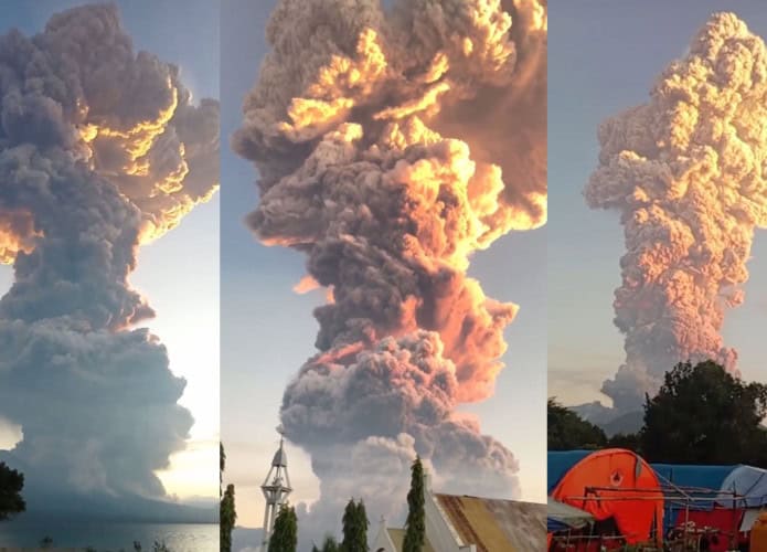 Montagem com capturas de tela de vídeos mostrando fumaça colorida expelida por erupção de vulcão na Indonésia