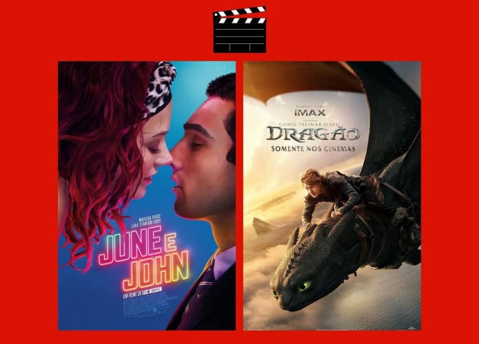 Montagem com pôsteres de June e John e Como Treinar seu Dragão, dois entre os lançamentos de filmes da semana de 12 de junho no cinema