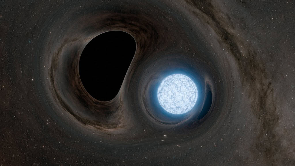 Ilustração do encontro entre um pulsar e um buraco negro