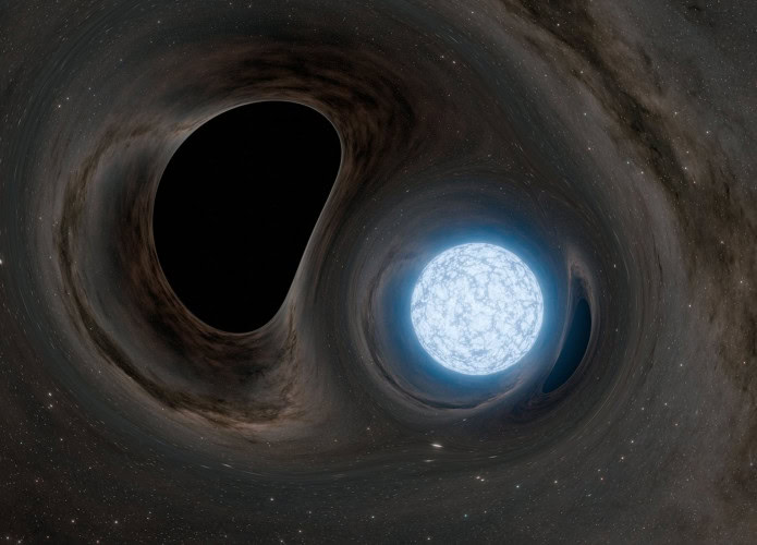 Ilustração do encontro entre um pulsar e um buraco negro